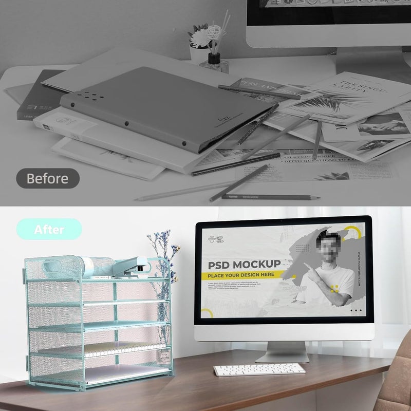 Sinboun Letter Tray Paper Organizer 5-Tier Desk Organizer File Organizer Paper Holder with Handle, Metal Desktop Document Shelf Tray Office Classroom Organization - Blue - Image 3